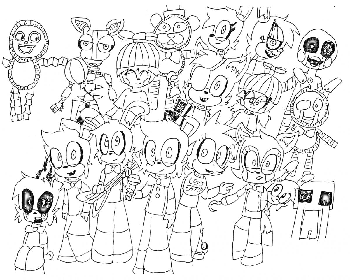 Раскраска Аниматроники из FNaF 2 с персонажами на заднем плане