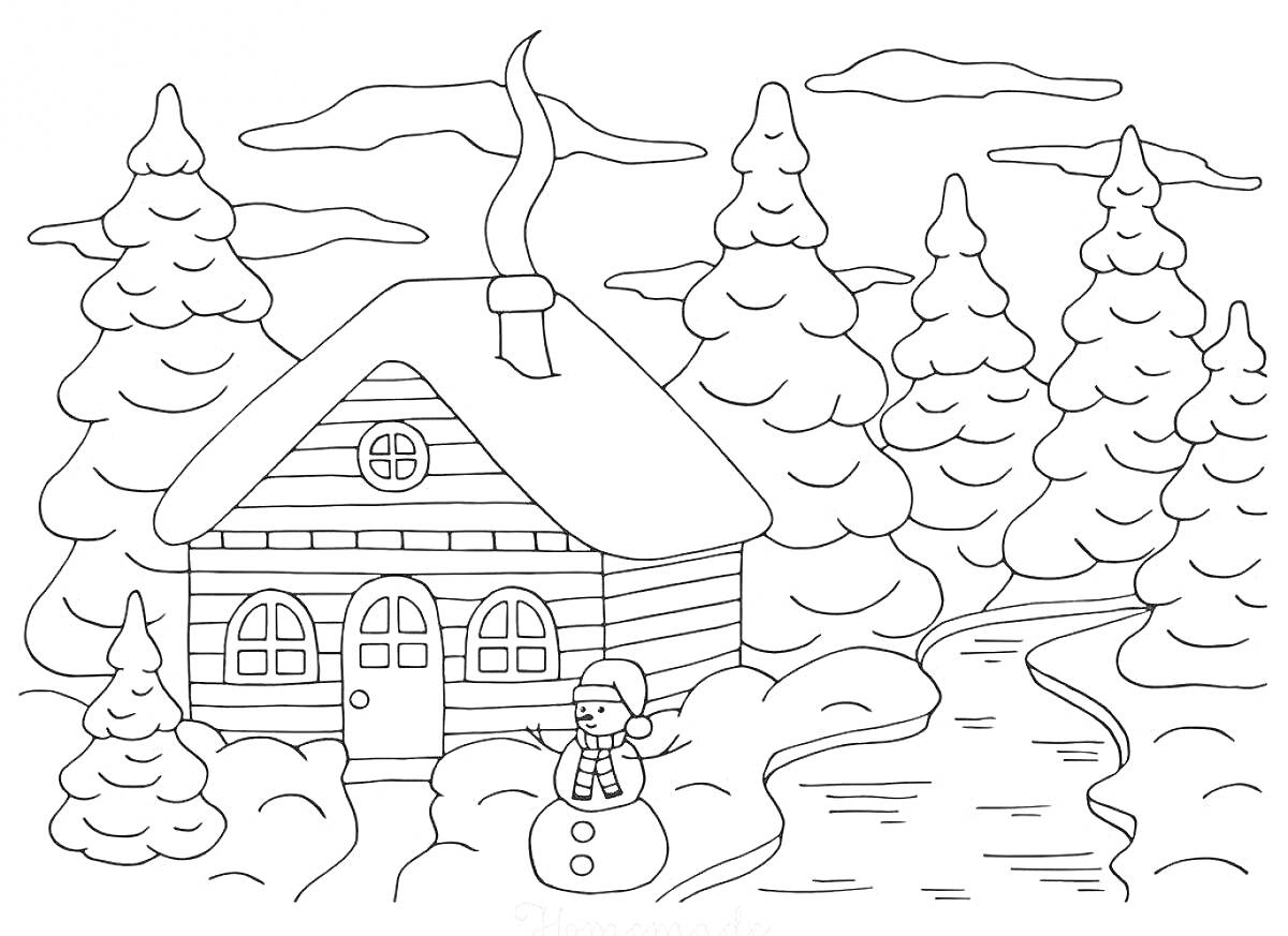 На раскраске изображено: Дом, Труба, Деревья, Река, Снег, Зима, Природа, Пейзаж
