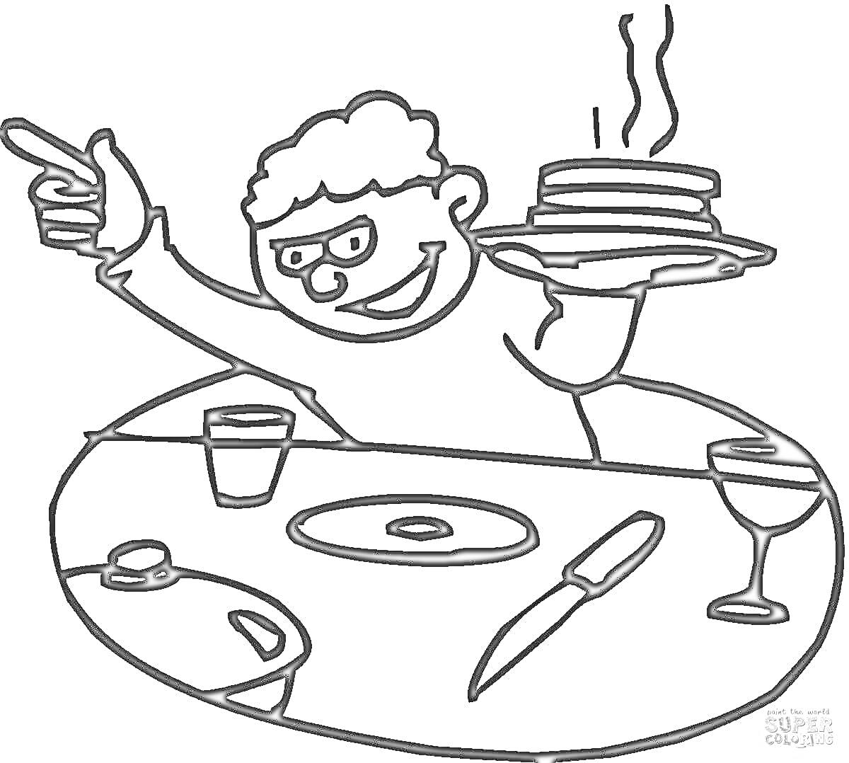 Раскраска Человек с тарелкой блинов, сидящий за столом с посудой