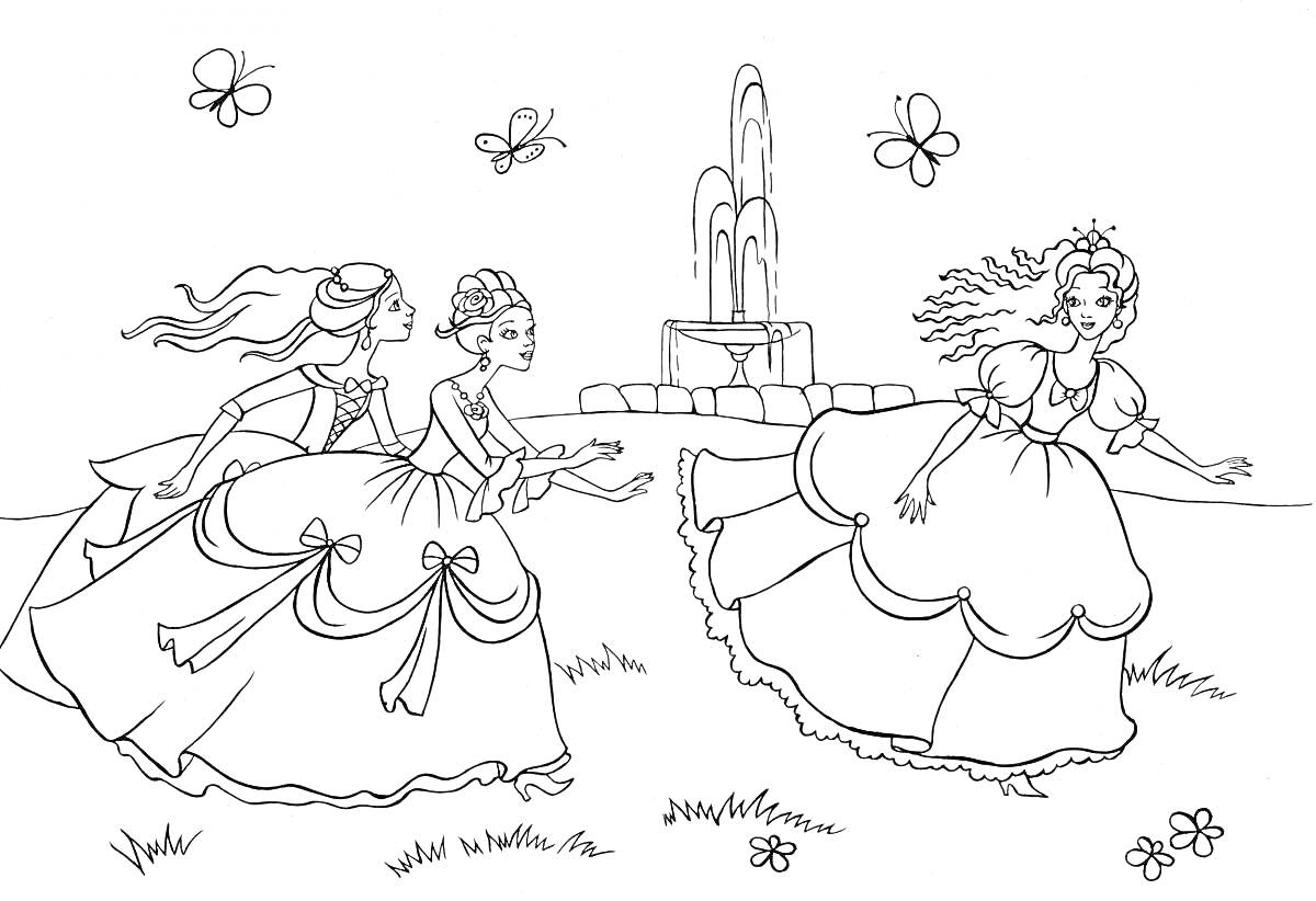 Раскраска Три принцессы, бегущие на фоне фонтана и бабочек