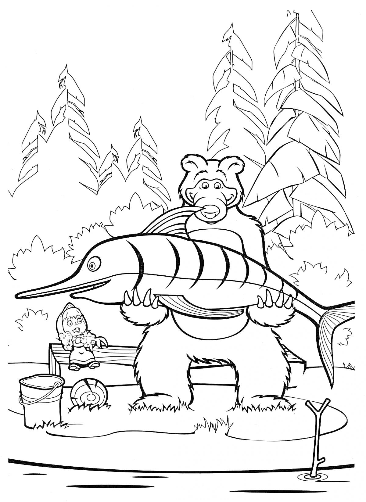 Раскраска Медведь с большой рыбой на берегу реки рядом с маленькой девочкой на скамейке, лесом, ветвями деревьев, ведром и удочкой в воде