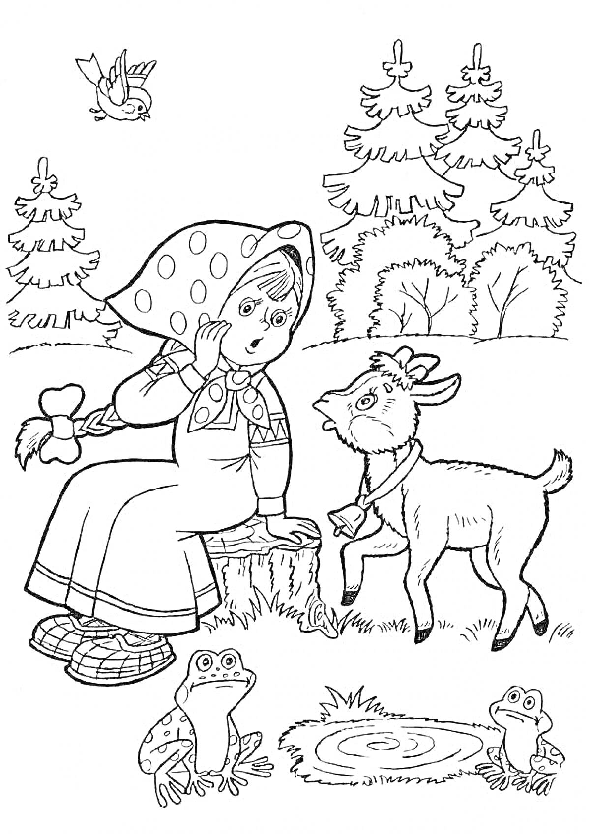 Раскраска Девочка с козленком у лесного пруда, лягушки на берегу, птица на дереве