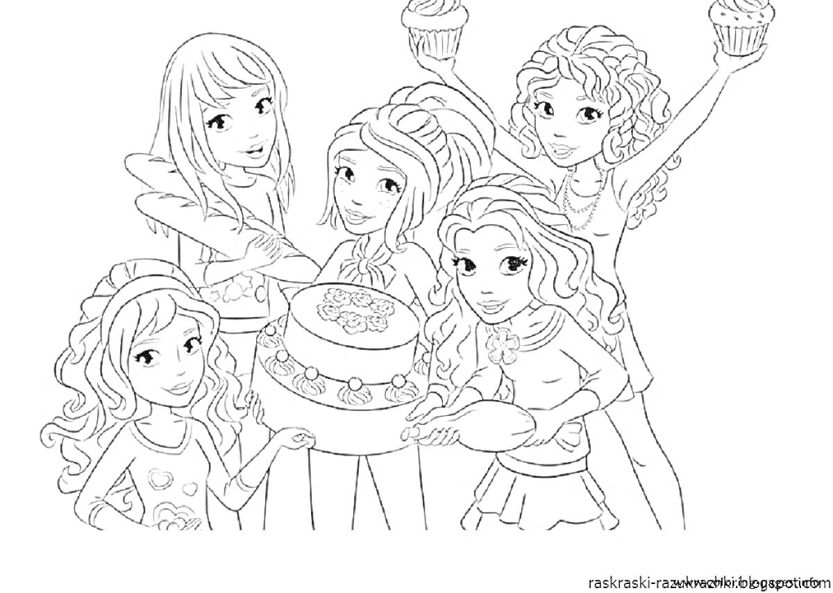 Раскраска группа девочек на вечеринке с тортом и кексами
