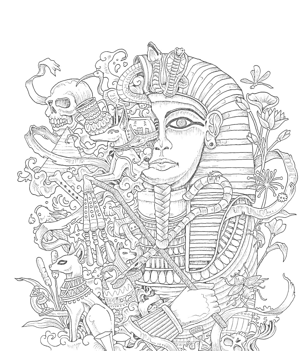 На раскраске изображено: Древний Египет, Фараон, Череп, Анубис, Сфинкс, Цветы