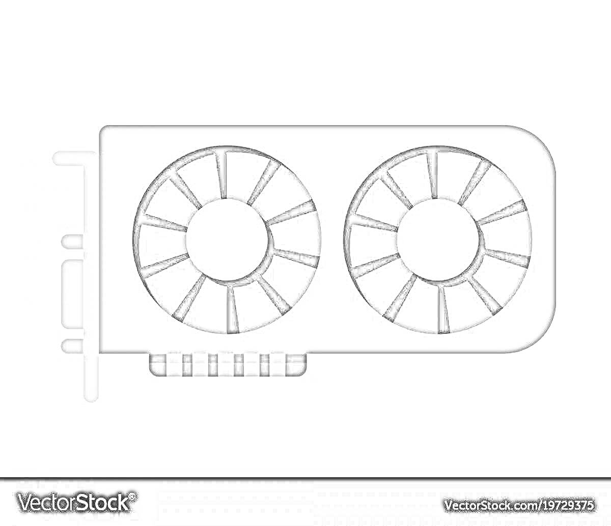 Раскраска Видеокарта с двумя вентиляторами, слотами подключения и радиатором