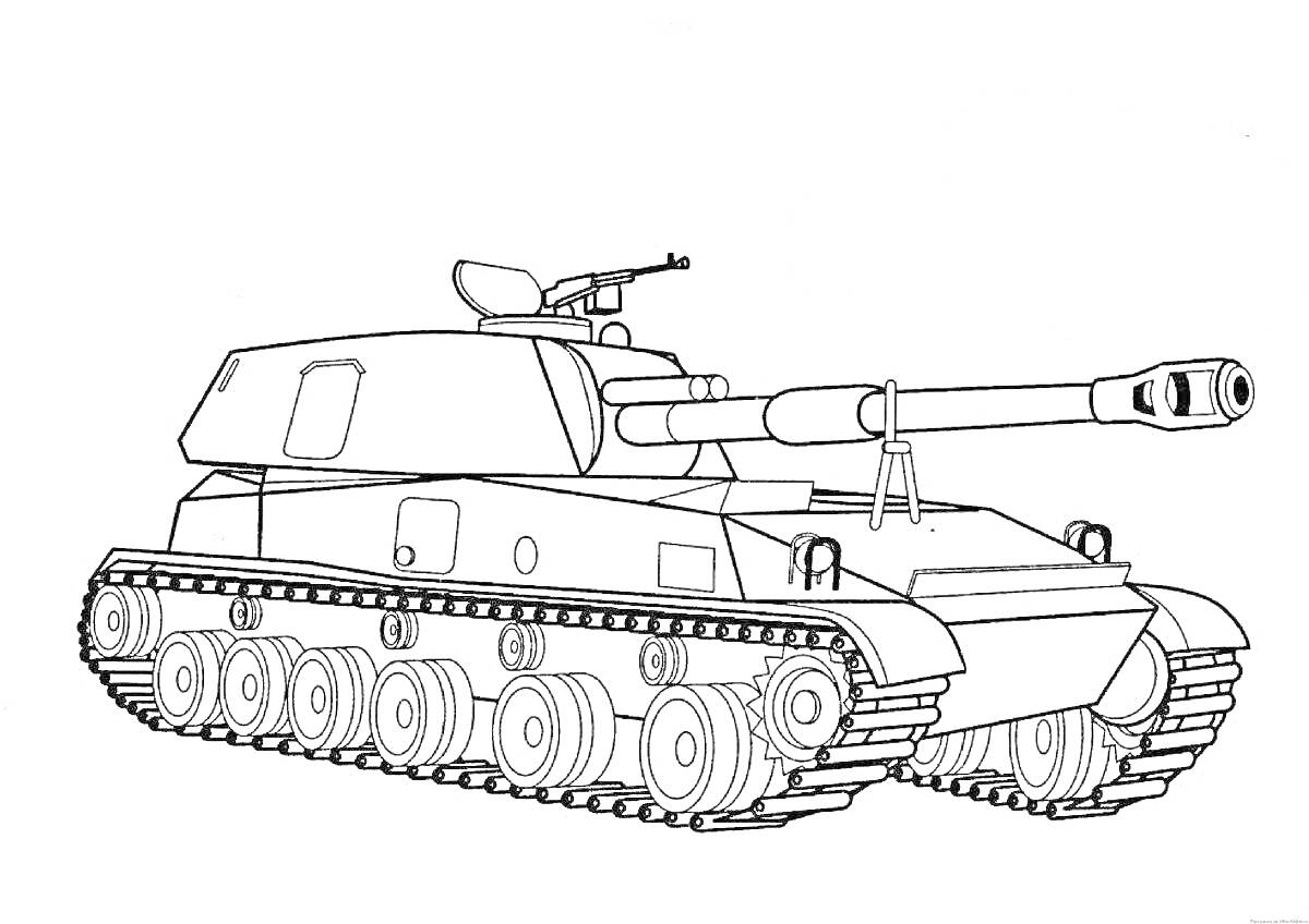 На раскраске изображено: Танк, Военная техника, Оружие, Пушка, Гусеницы, Колесная база, Для детей, Башни