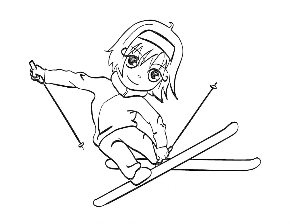 На раскраске изображено: Девочка, Лыжи, Палки, Спорт, Зима, Активный отдых