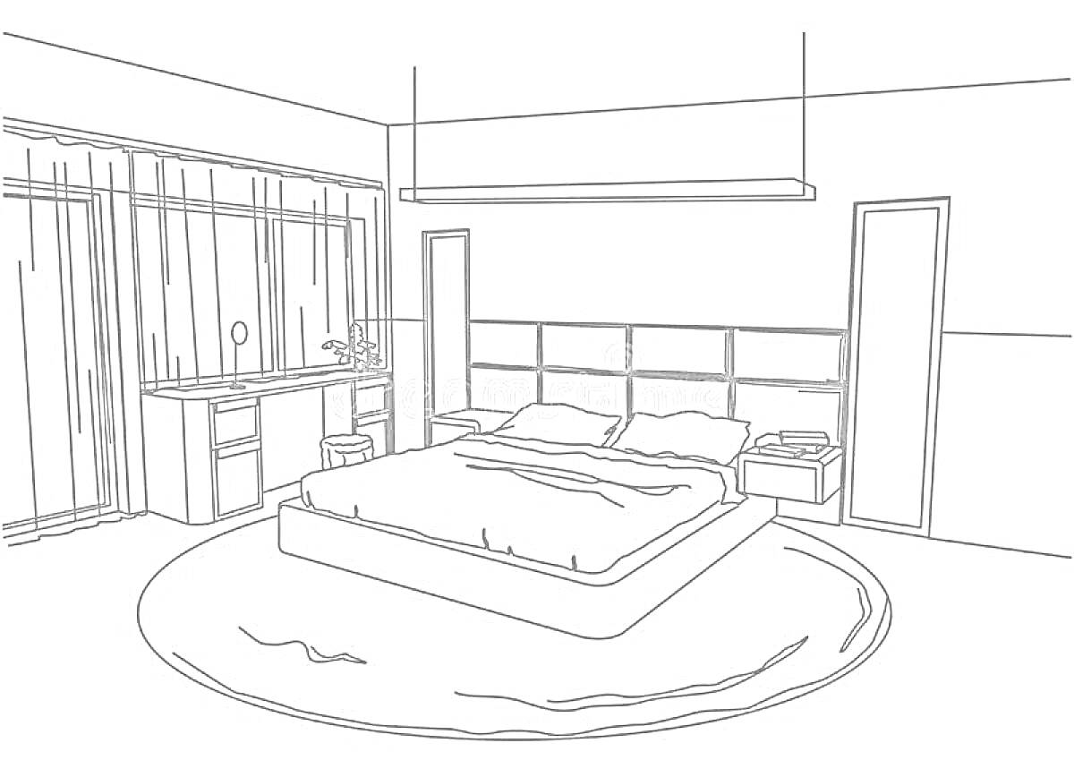 На раскраске изображено: Спальня, Письменный стол, Кресло