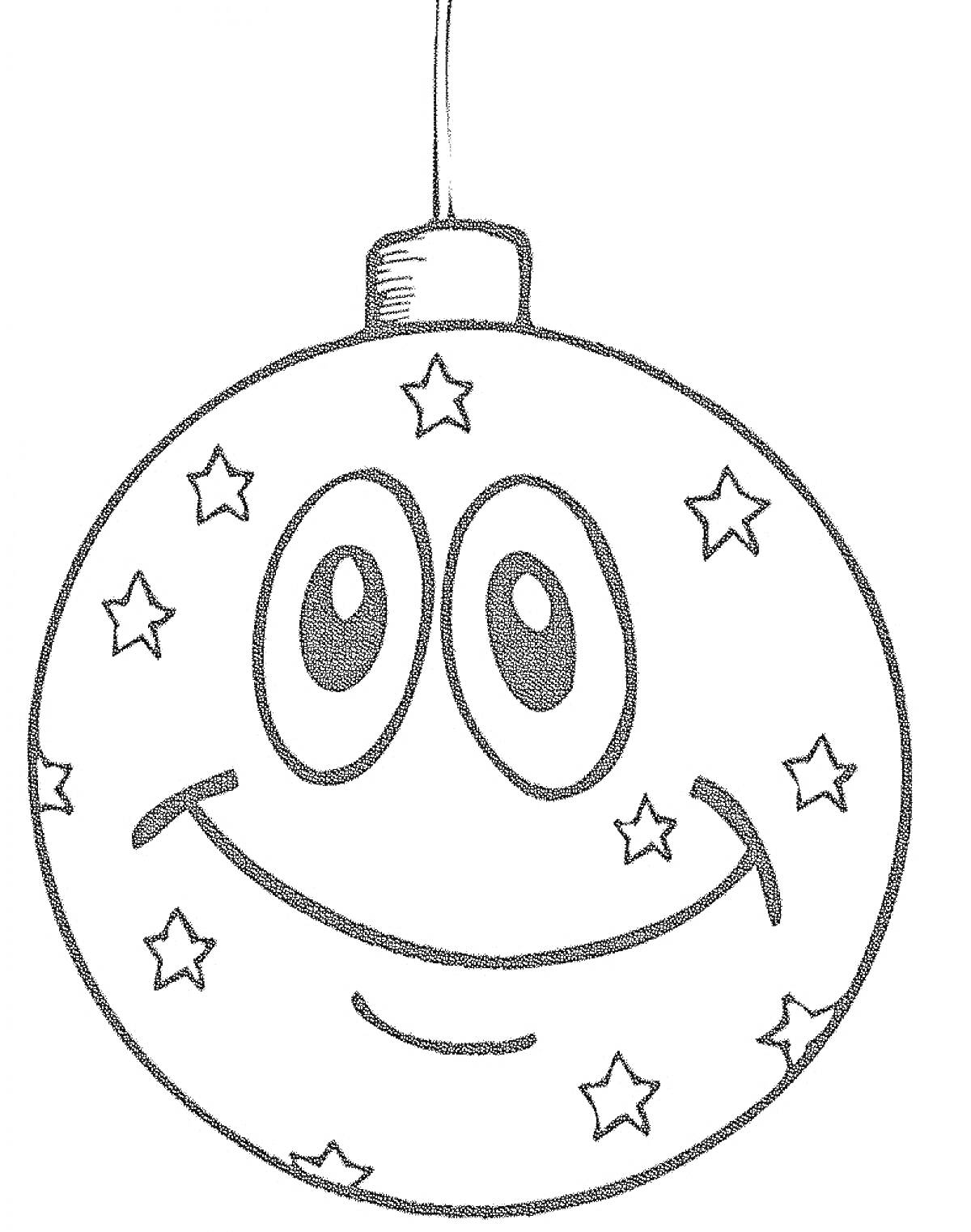 Раскраска Новогодний шар с улыбающимся лицом и звездами