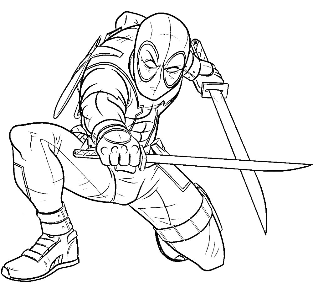 Дэдпул, держащий два меча, в боевой стойке с ножнами на спине