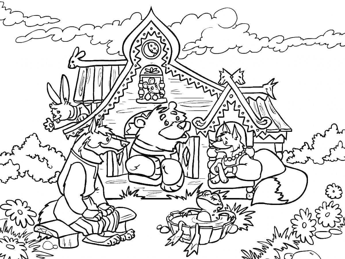 Раскраска Теремок с лисой, медведем, зайцем и петухом, окружённый растительностью