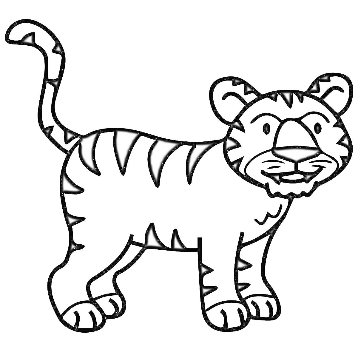 Раскраска Тигр без полосок, с полосами на хвосте, ногах, спине и морде