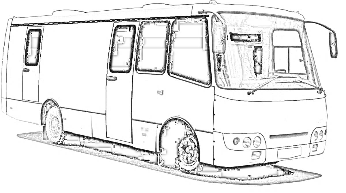 Раскраска Автобус ПАЗик с четырьмя фарами, передними дверями и окнами