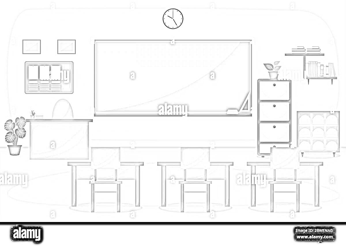 Раскраска Классная комната с тремя столами и стульями, доской с мелками, шкафом с четырьмя ящиками, книжной полкой, столом учителя с растением, настенными картинками и часами