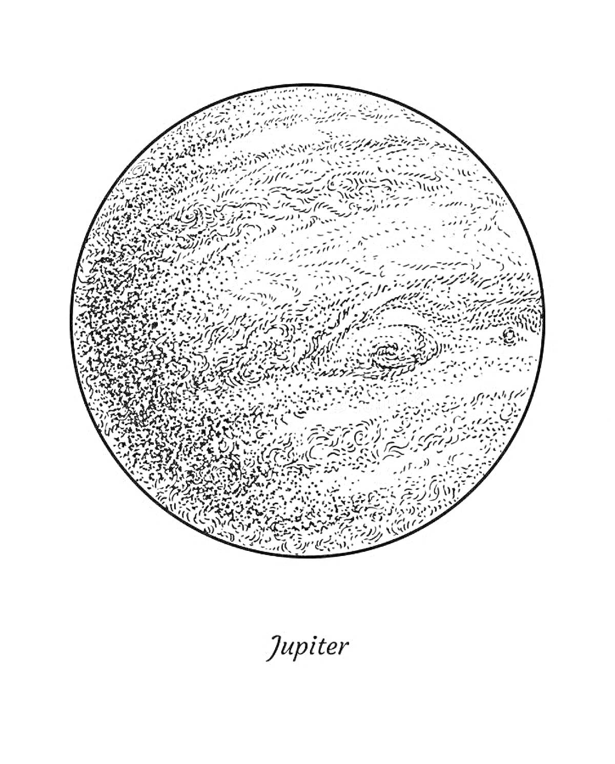 На раскраске изображено: Юпитер, Солнечная система, Космос, Астрономия, Для детей, Для взрослых, Воспитание, Обучение