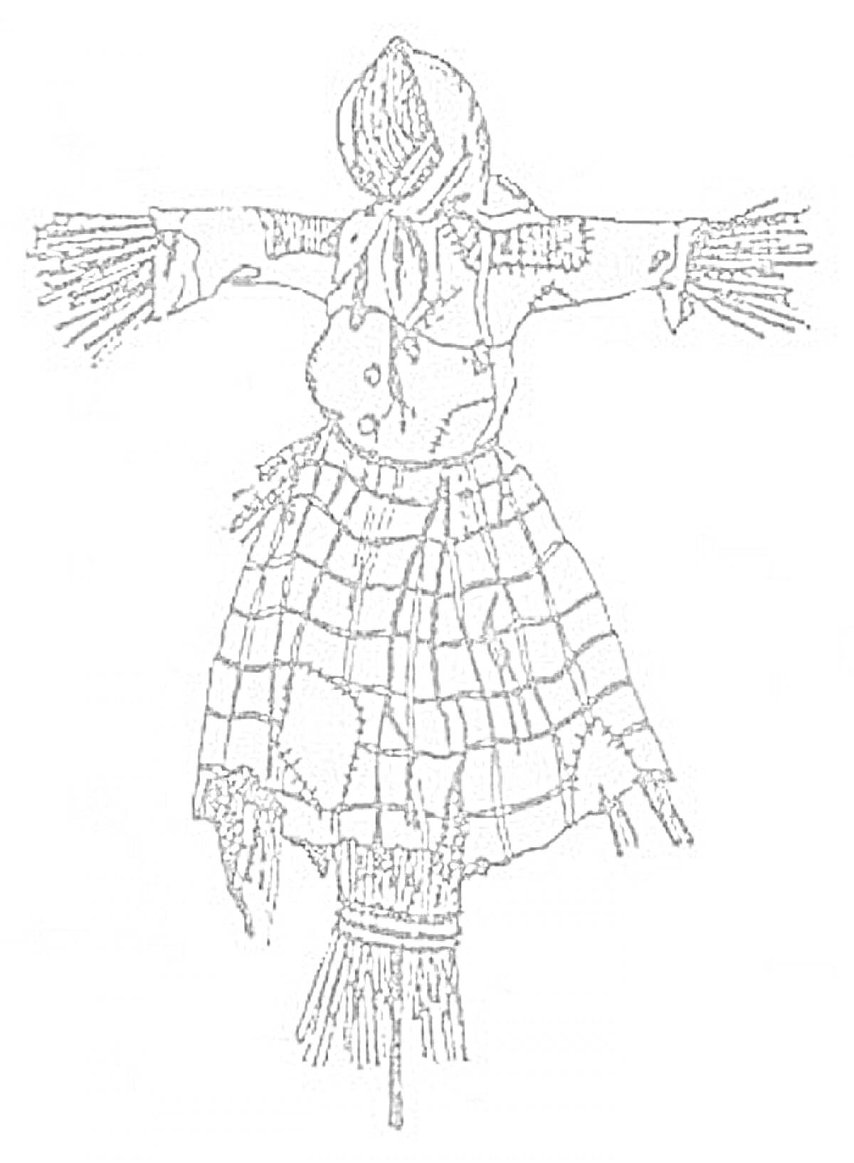Раскраска Чучело масленицы в платке и клетчатой юбке с заплатками