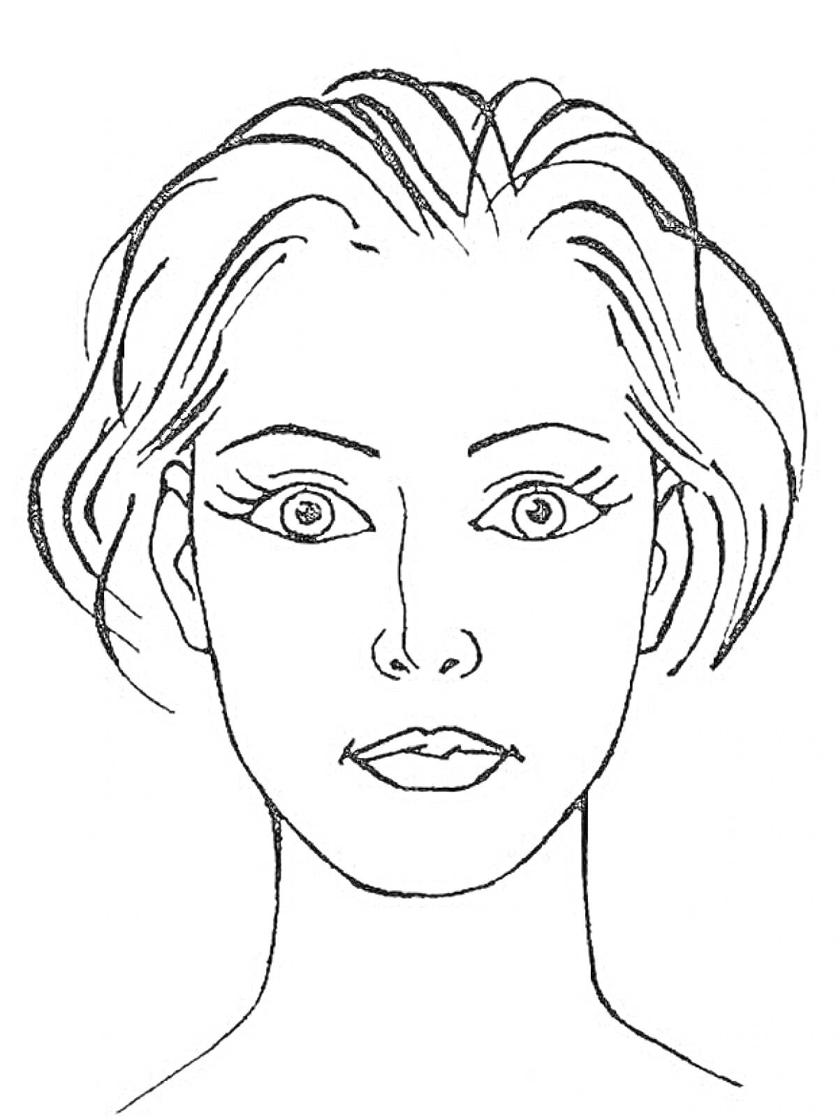 Раскраска лицо женщины с короткими волосами и выразительными глазами