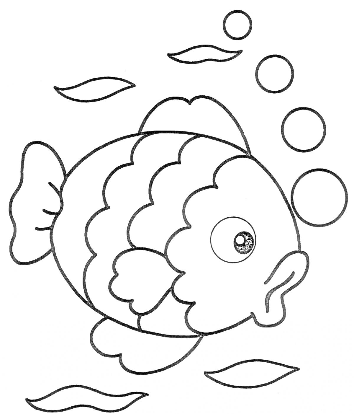 На раскраске изображено: Рыба, Пузыри, Водоросли, Море, 3-4 года, Подводный мир, Для детей, Океаны