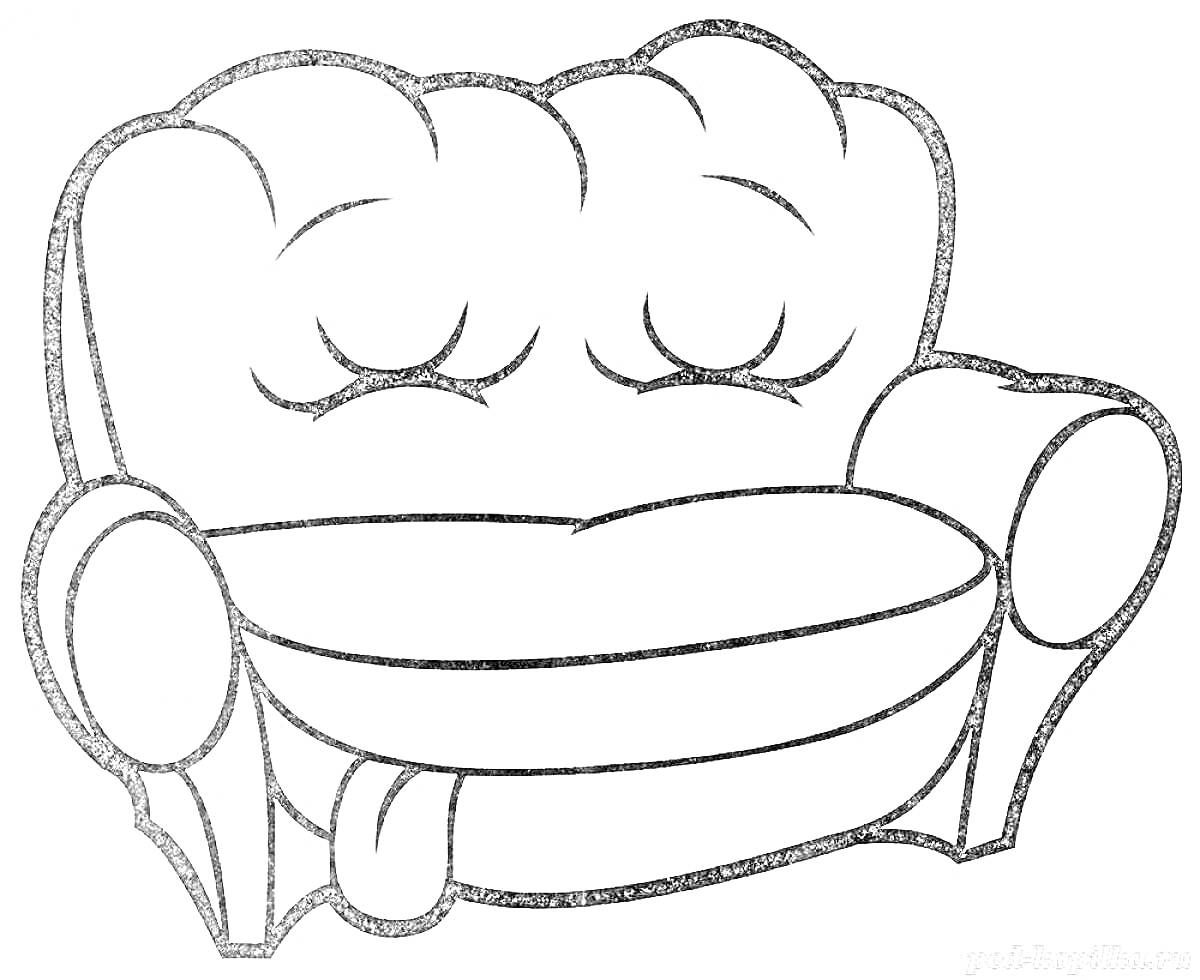 Раскраска Диван с подушками на спинке и подлокотниками