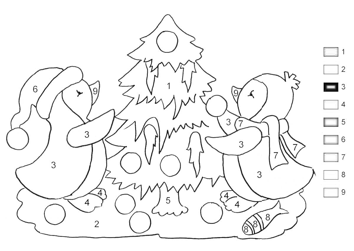 На раскраске изображено: Новогодняя елка, Пингвины, Украшения, Ёлочные игрушки, Зима, Новый год, Снег, Первый класс