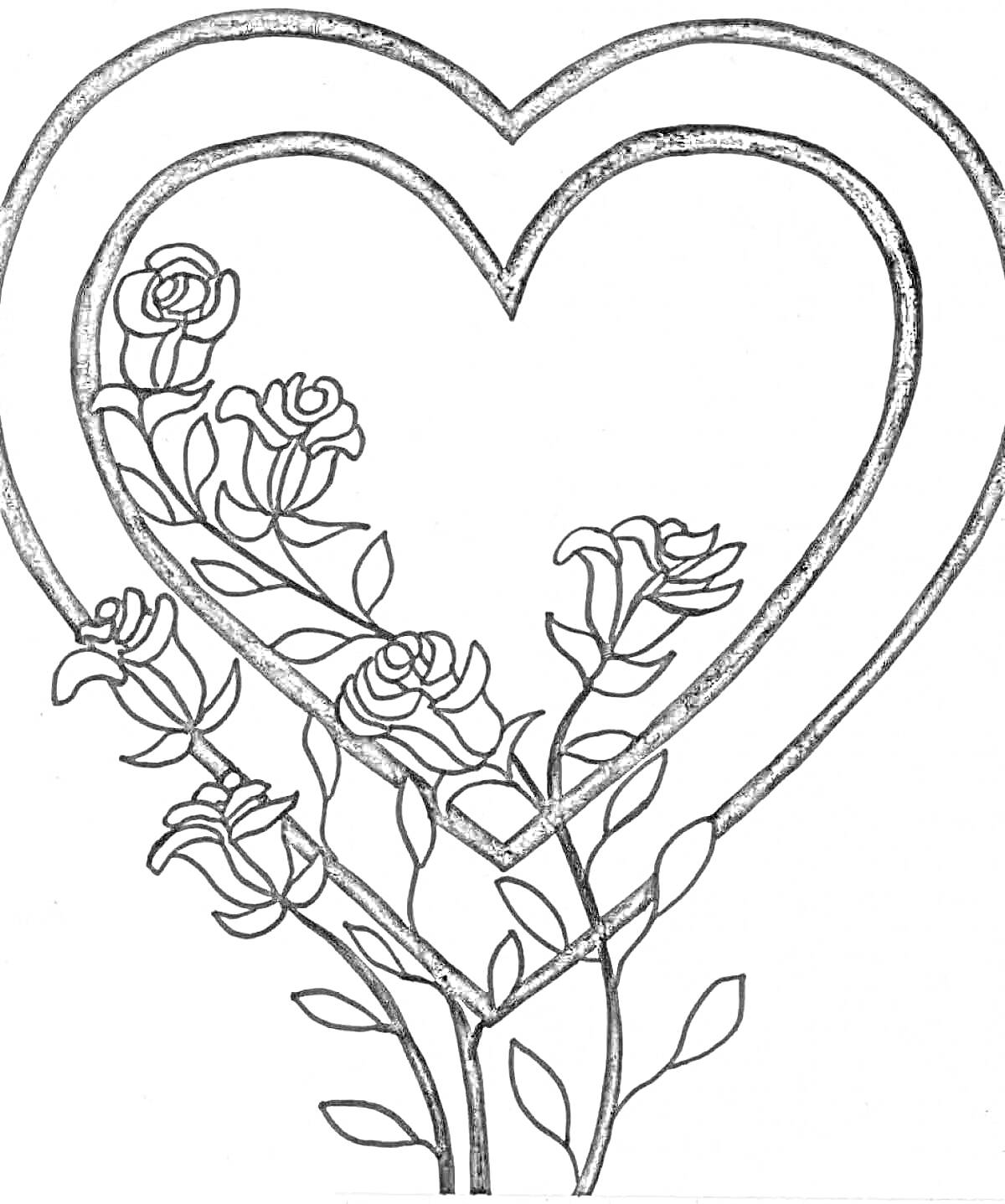 На раскраске изображено: Розы, Цветы, Романтика, Любовь, Контурные рисунки, Сердца, Узоры