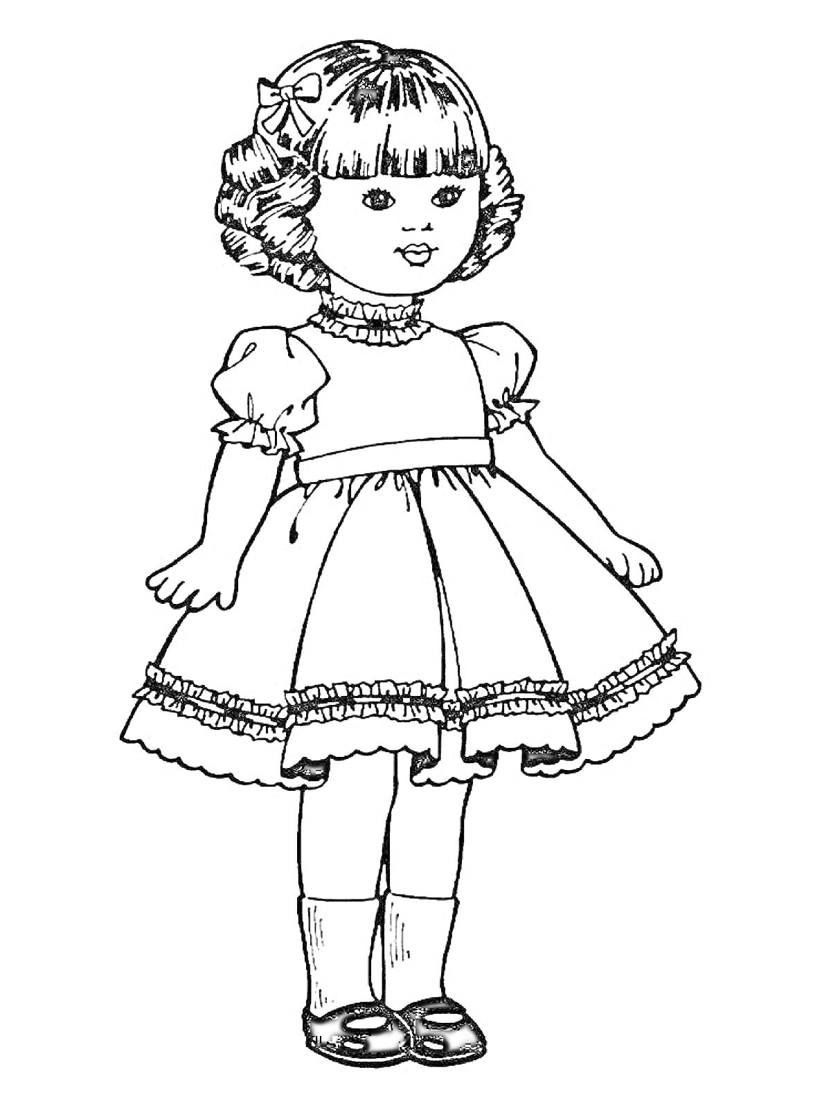 Раскраска Куколка в платье с бантиком на волосах