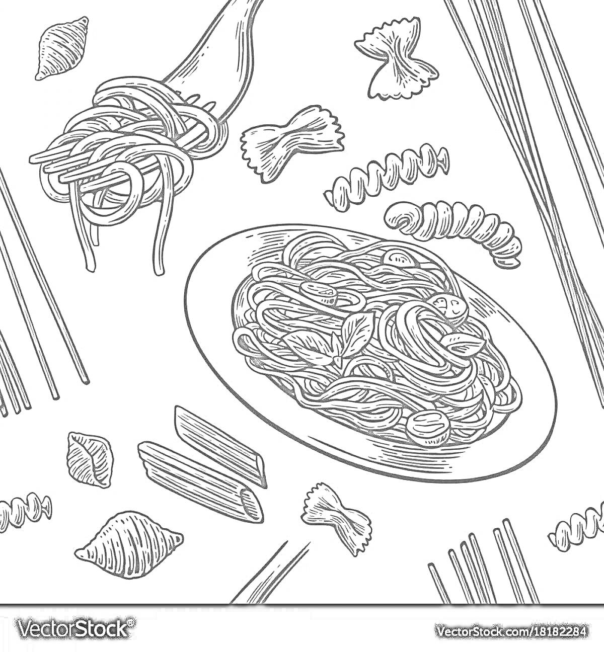 Раскраска Тарелка с пастой, вилкой с намотанными спагетти, виды макарон (спиральки, бантики, пенне, ракушки), палочки для еды.