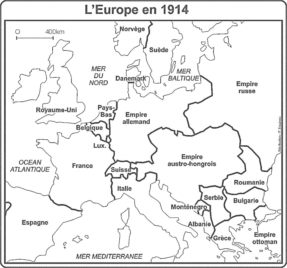 Раскраска Карта Европы 1914 года с обозначением стран и морей