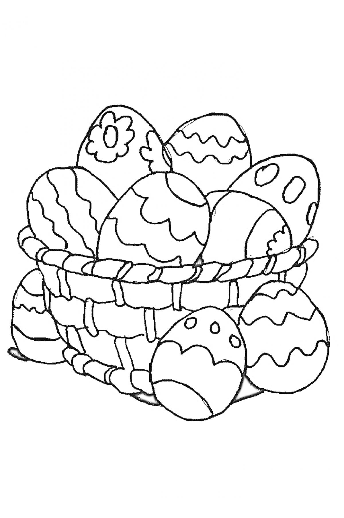 На раскраске изображено: Пасха, Пасхальные яйца, Украшения, Узоры, Традиции, Корзина, Праздники