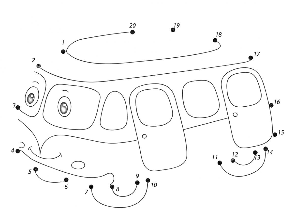 На раскраске изображено: По точкам, Автобус, Глаза, Губы, Для детей