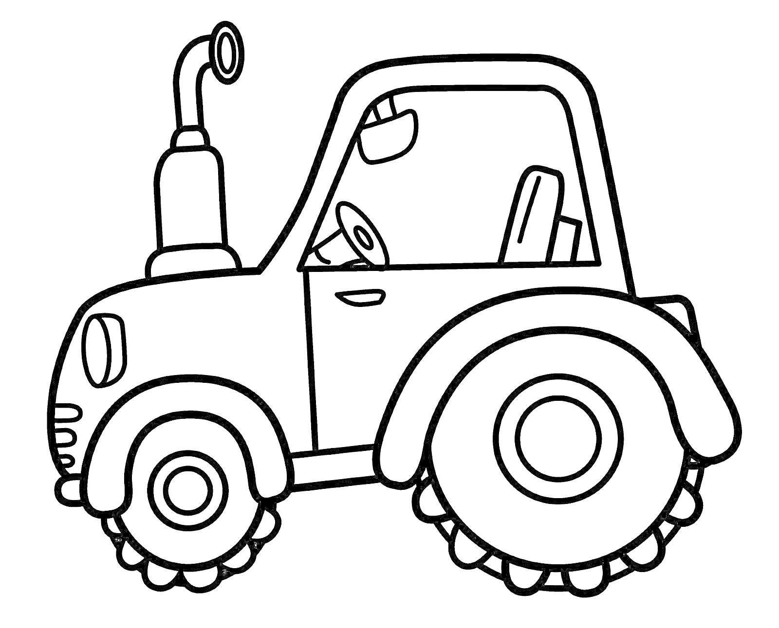 Трактор с кабиной, выхлопной трубой, большими колесами и рулем