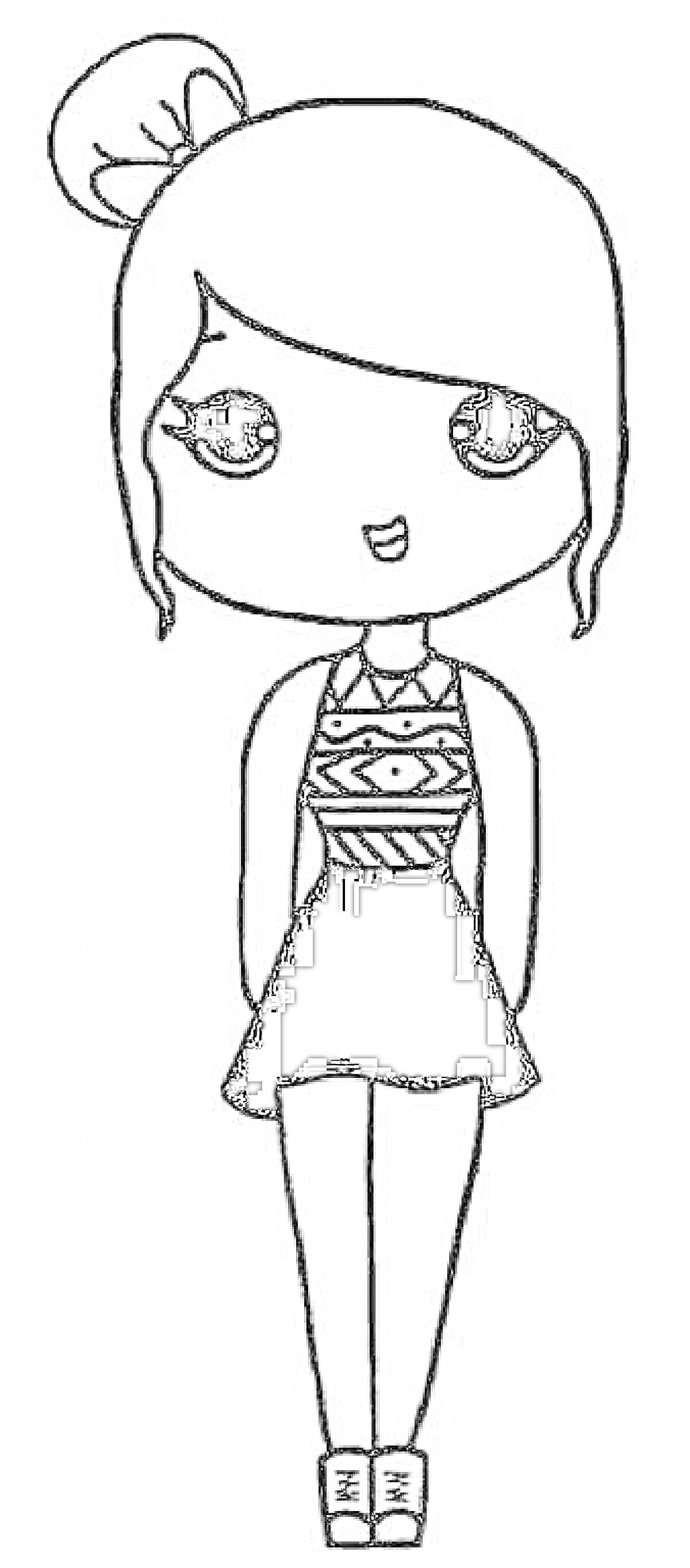 Раскраска Девочка с бантом на голове, в платье с узорами и сандалиях