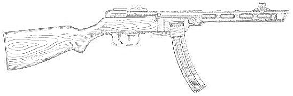 На раскраске изображено: Ппш, Пистолет-пулемет, Оружие, Автомат, Винтовка, Деревянный приклад