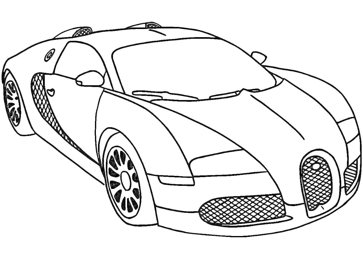 Раскраска Спортивная машина с аэродинамическими элементами, крупными колесами и окнами