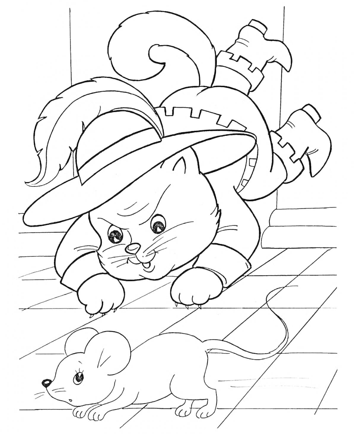 На раскраске изображено: Кот в сапогах, Шляпа с пером, Мышь, Пол, Дом, Животные