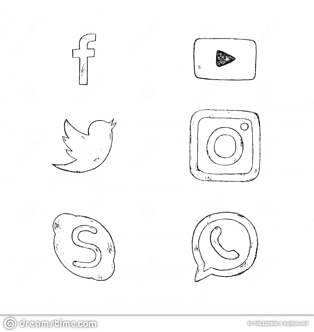 На раскраске изображено: Социальные сети, Иконки, Логотипы, Facebook, YouTube, Twitter, Instagram, Skype, WhatsApp