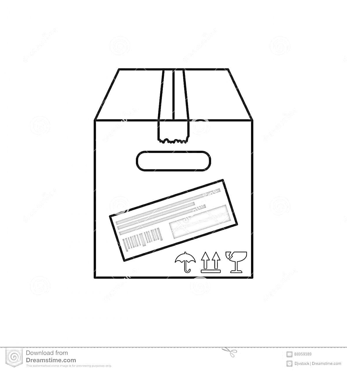 Раскраска Коробка с посылкой, этикеткой, ручкой для переноски и символами осторожного обращения