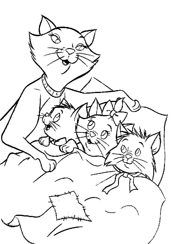 Раскраска Мама-кошка и трое котят под одеялом с заплаткой