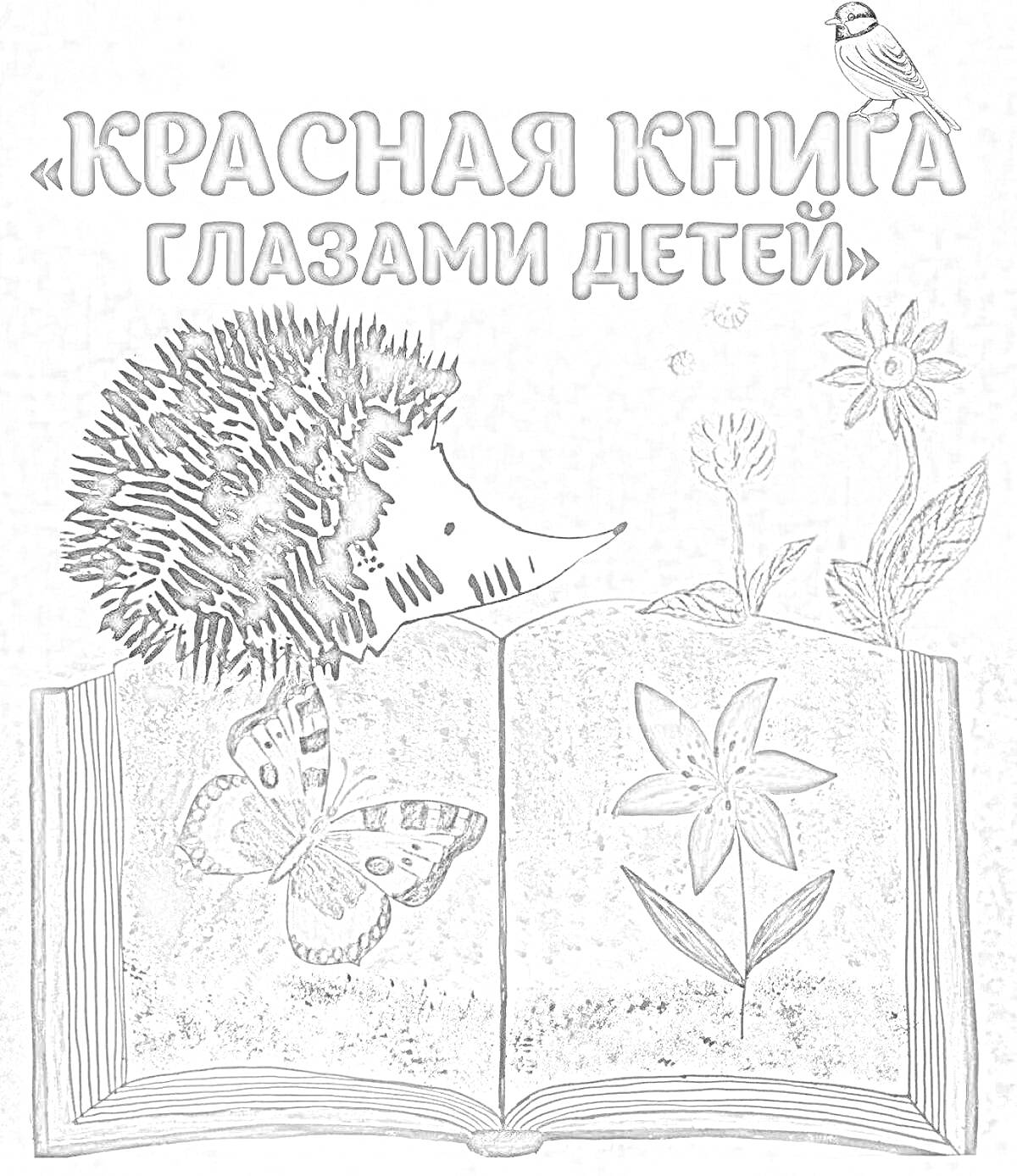На раскраске изображено: Красная книга, Ежик, Бабочка, Цветы, Птичка, Природа, Защита природы