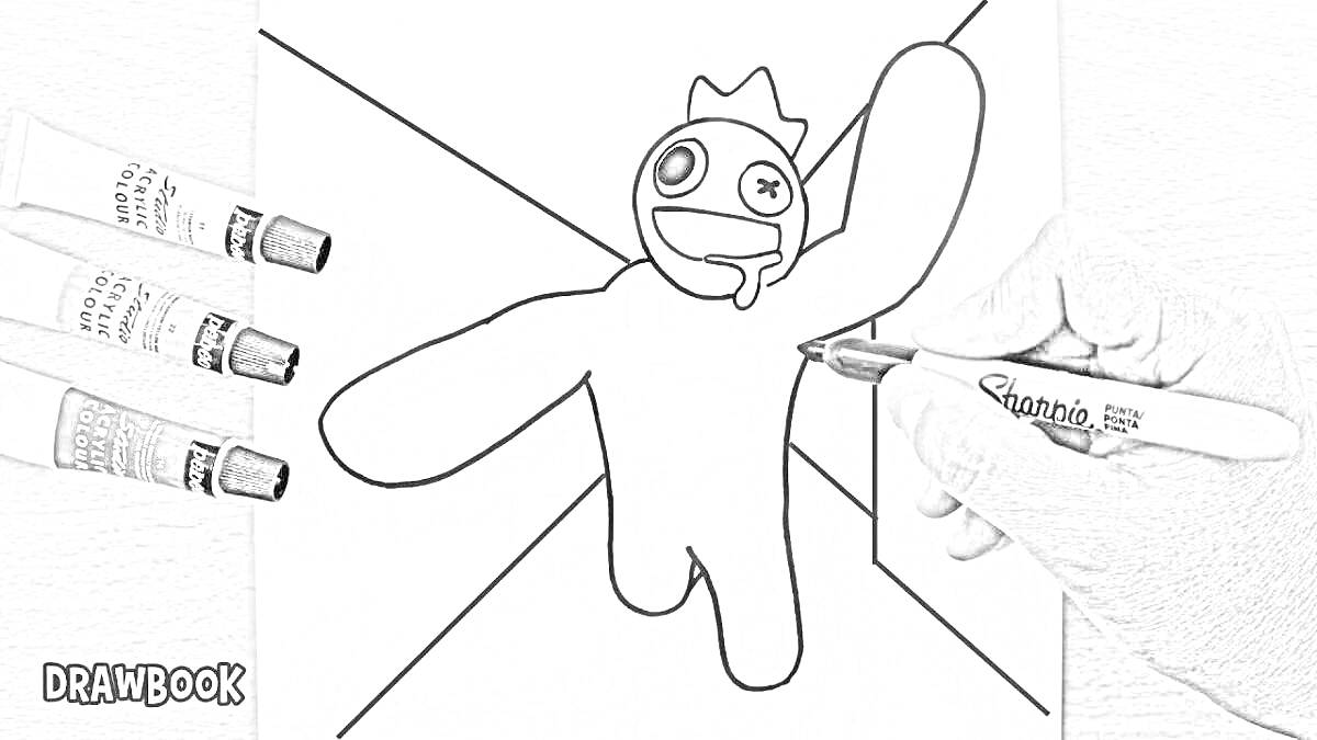 Раскраска Радужный друг из Роблокса, нарисованный на бумаге с красками и маркером