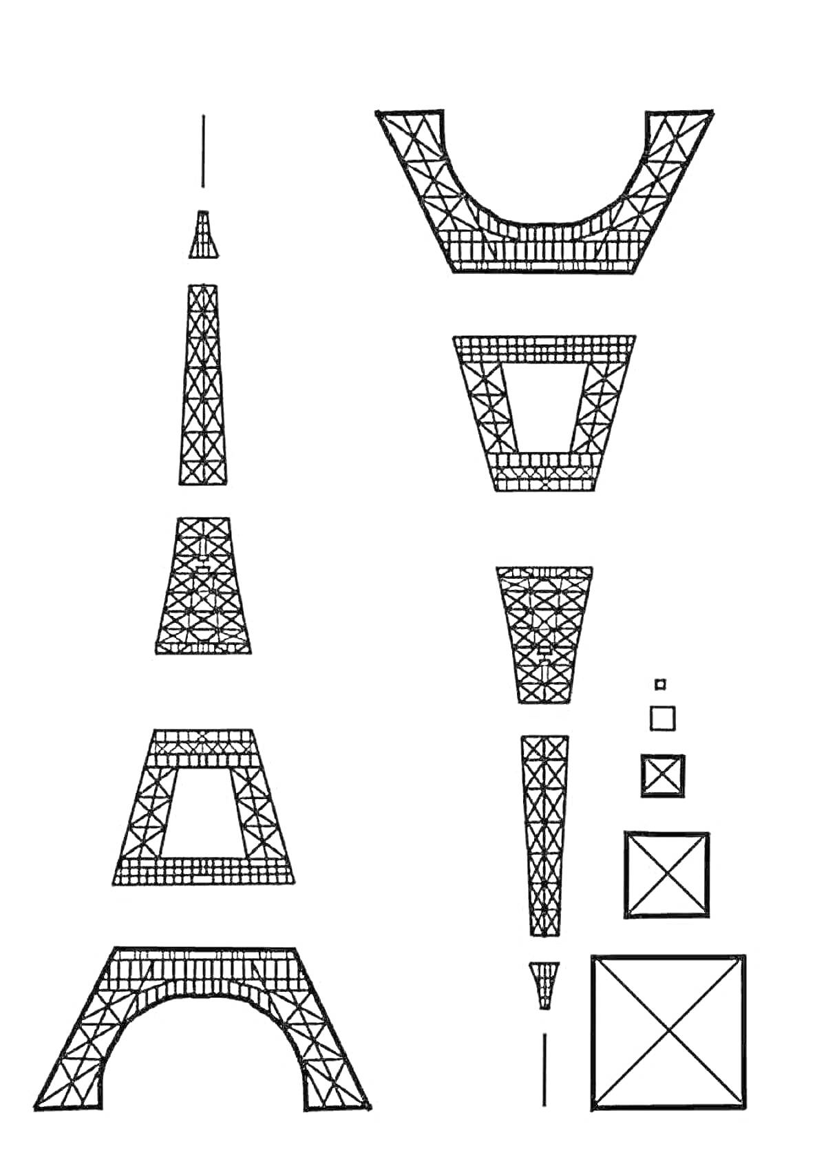 Раскраска Развёртка Эйфелевой башни, вид спереди и элементы конструкций