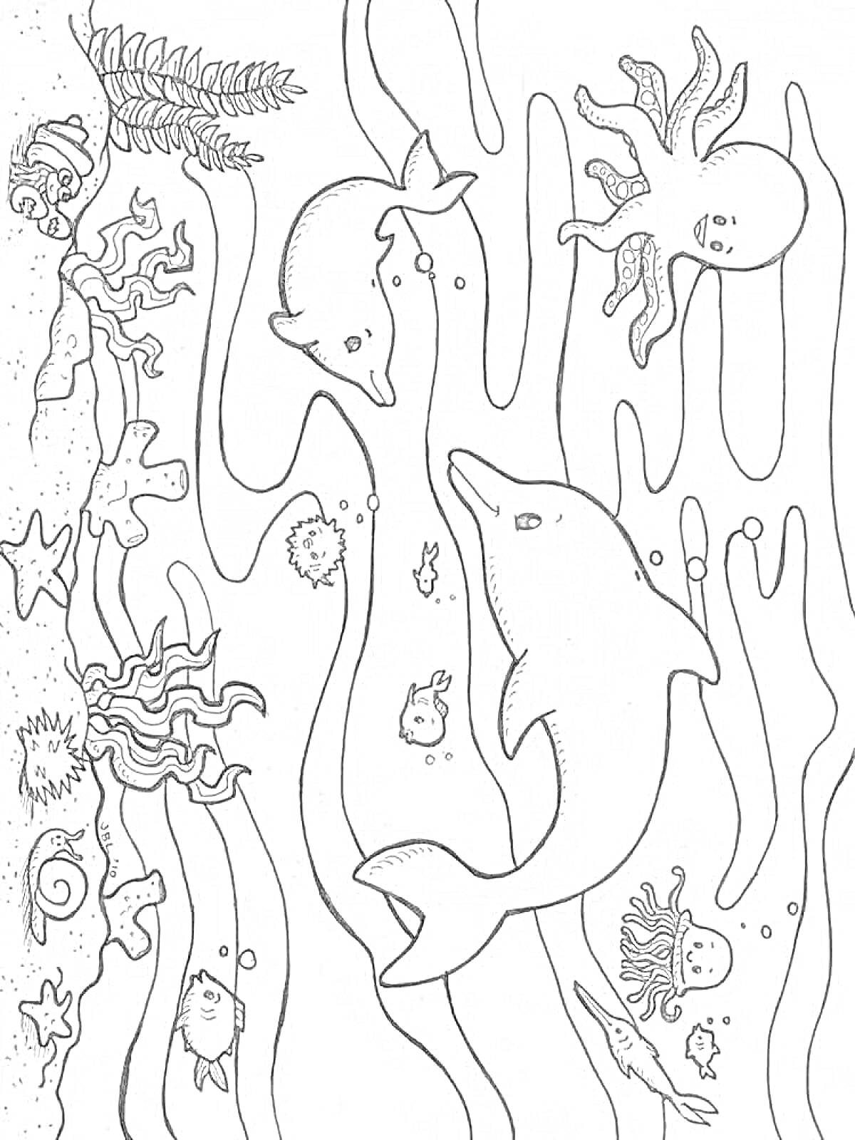 На раскраске изображено: Подводное царство, Дельфины, Осьминоги, Морские коньки, Морские звезды, Водоросли, Морская жизнь, Рыба
