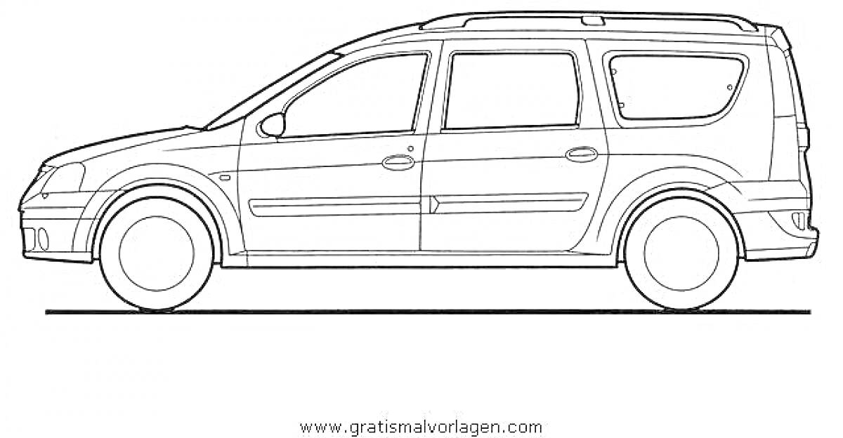 Раскраска Очертание автомобиля Largus с четырьмя дверями и одной задней дверью, окнами и колесами
