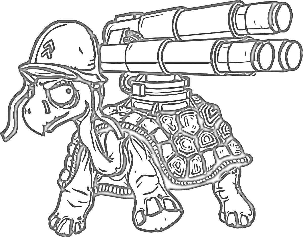 Раскраска Черепаха-солдат с каской и ракетной установкой на панцире