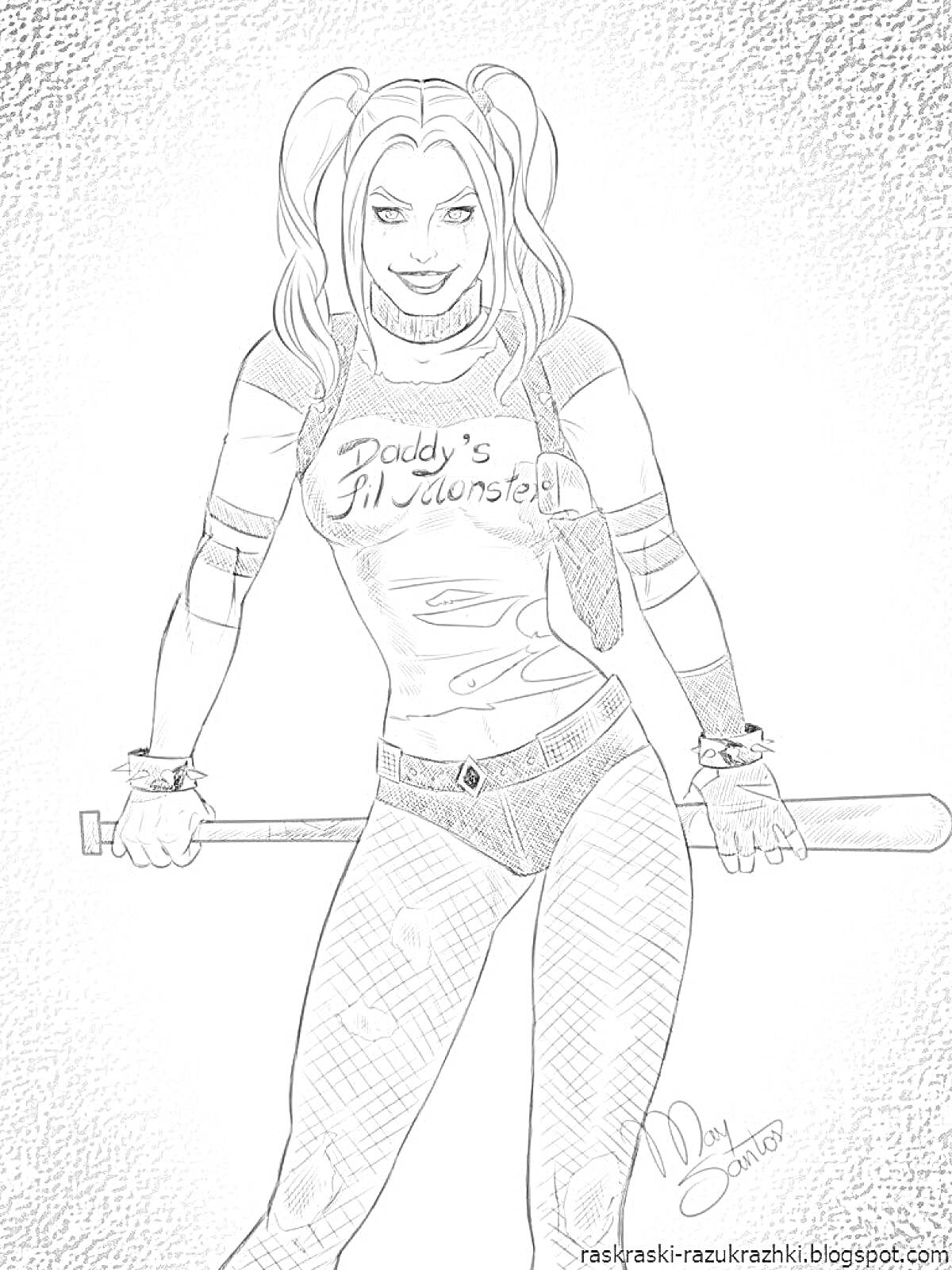 Раскраска Харли Квин с двумя хвостами, в футболке с надписью 