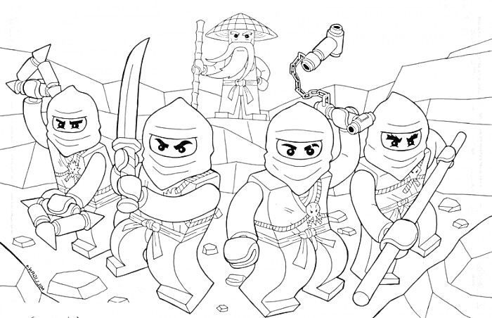 Раскраска Лего ниндзя в боевой готовности на скалистой местности с мечами и посохами, на заднем плане лидер с посохом и шляпой
