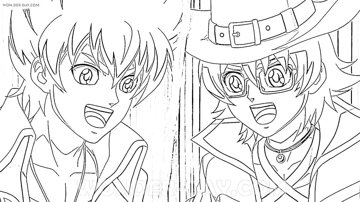 Раскраска Два аниме-персонажа с эмоциями, один в очках и с шляпой