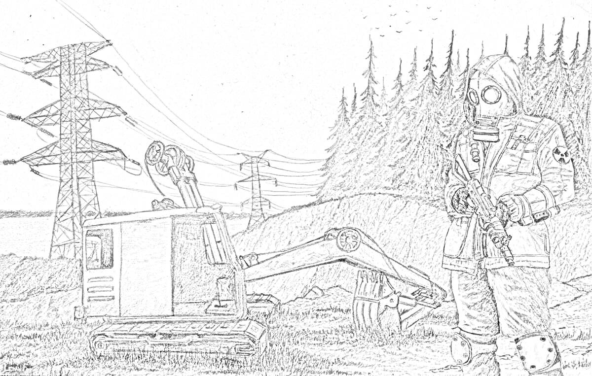 Сталкер с оружием, экскаватор и электрические столбы на фоне леса