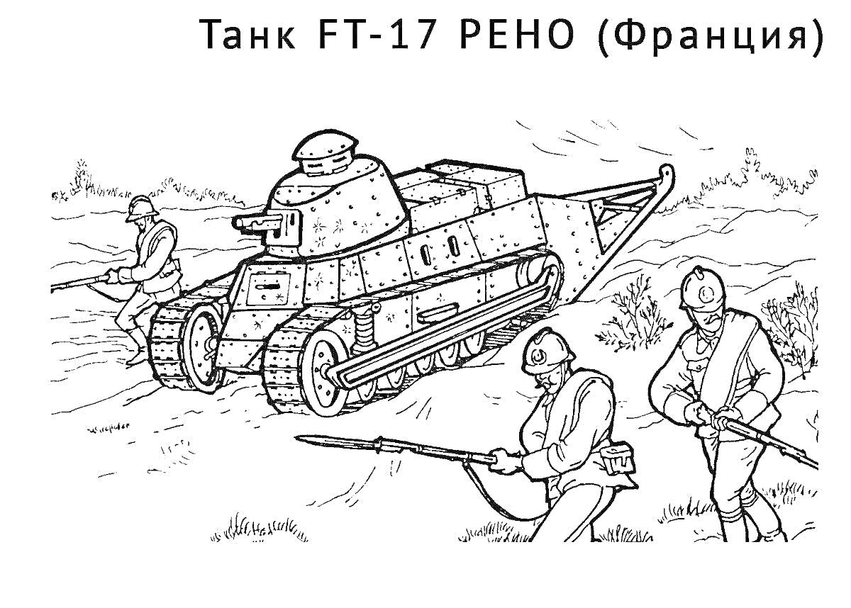 Раскраска Танкисты с танком FT-17 Рено (Франция) и солдаты