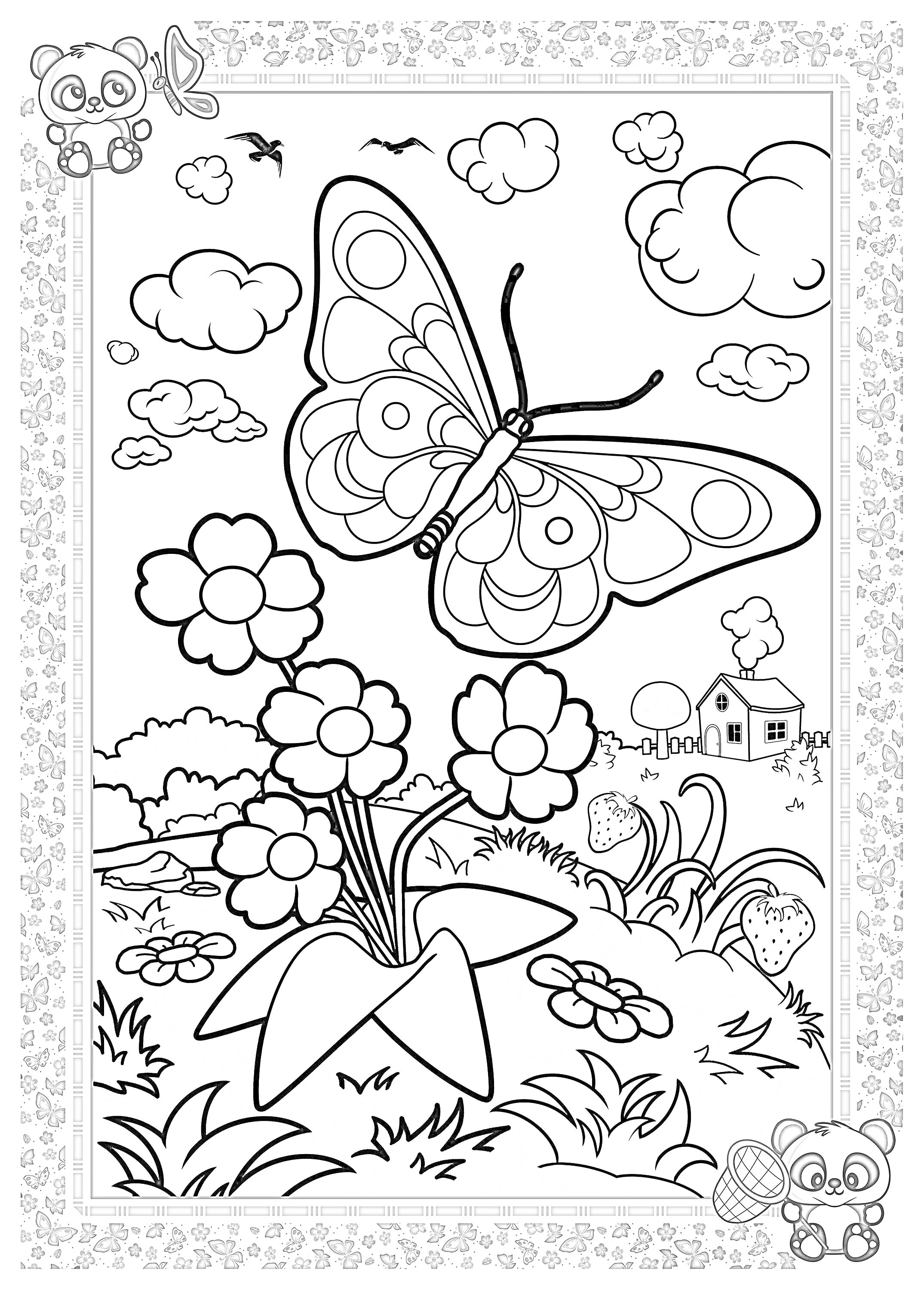 На раскраске изображено: Бабочка, Цветы, Поле, Панды, Домик, Облака, Небо, Природа, Декоративная рамка